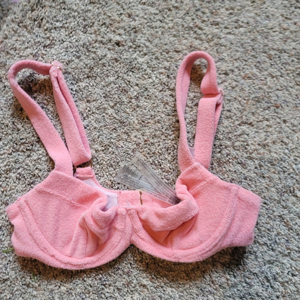 Victorias Secret Pink Terry Cloth Underwire Bikini Top Unlined 32C Gold Clasp